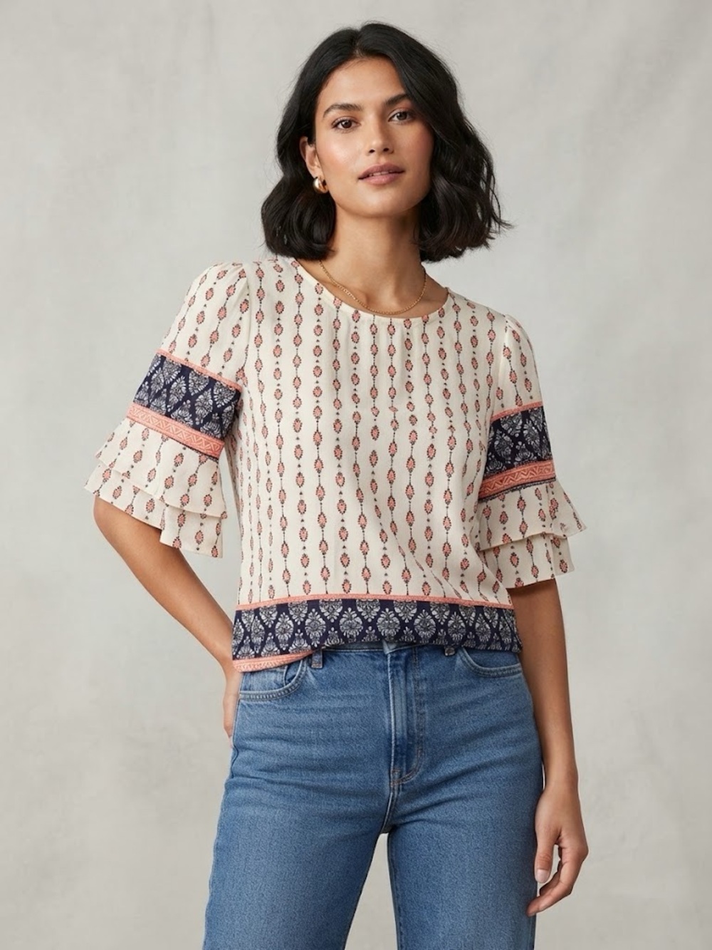 Cream Printed Ruffle-Sleeve Blouse with Navy Trim - Unbranded